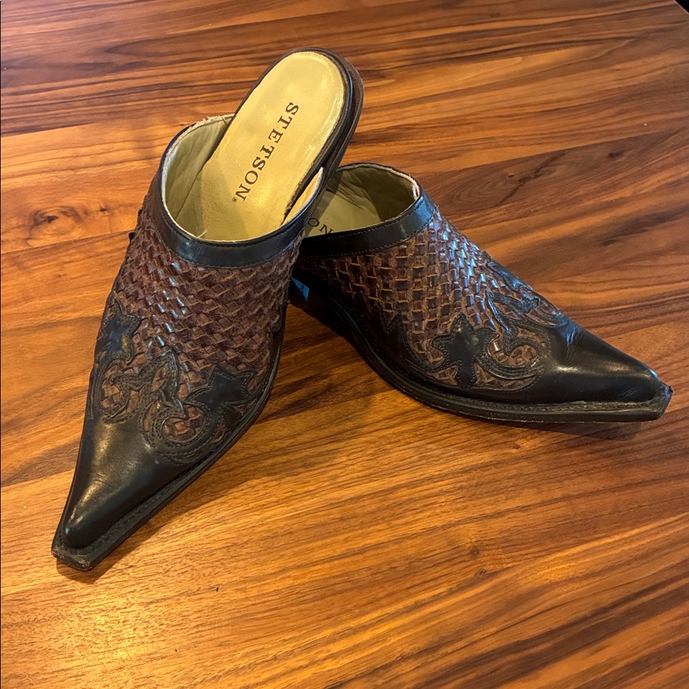 Stetson Basketweave & Tooled Leather Western Mules - Size 8